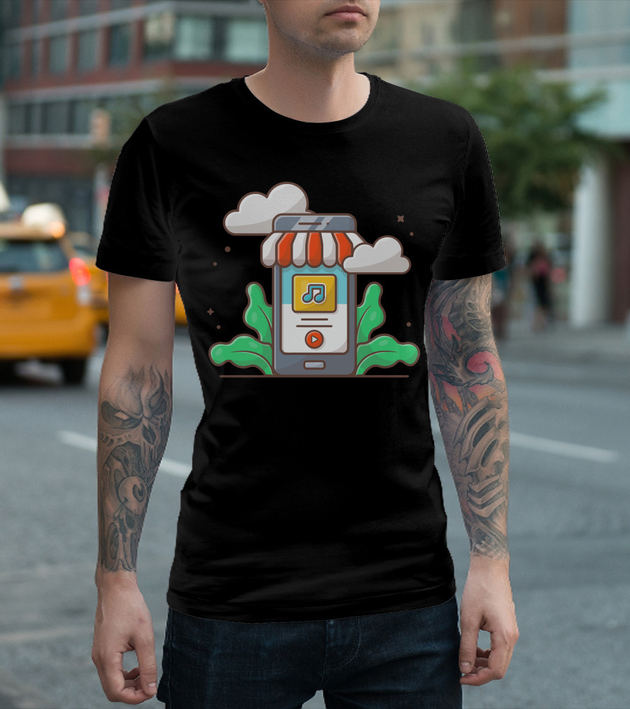 Online Music Store Mobile Music Shop With Note And Clouds T-Shirt