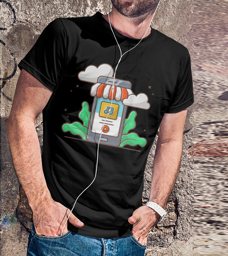 Online Music Store Mobile Music Shop With Note And Clouds T-Shirt