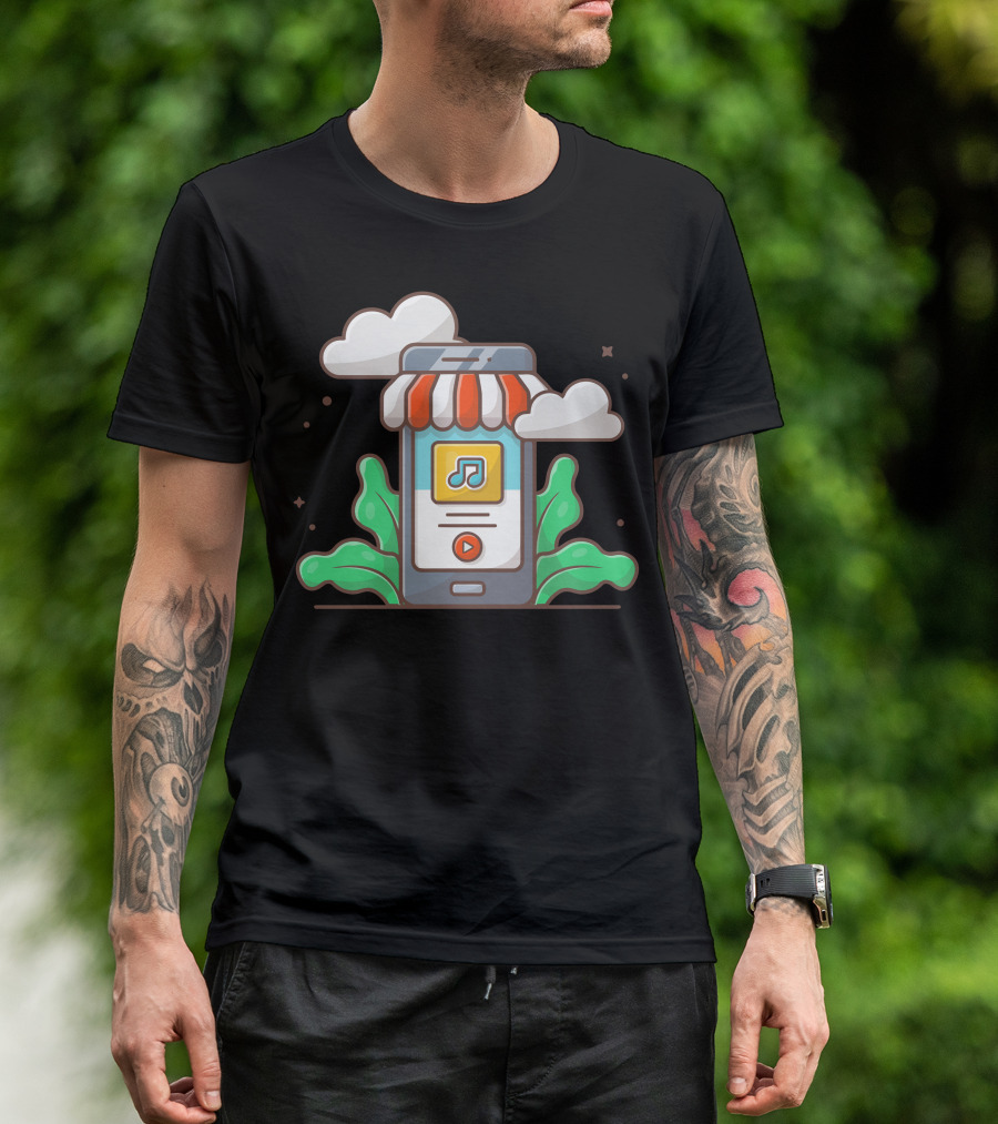 Online Music Store Mobile Music Shop With Note And Clouds T-Shirt