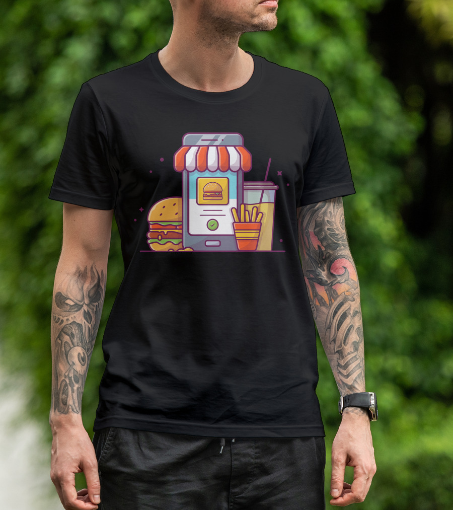 Order Fast Food Online With Burger Fries Drink Illustrative T-Shirt