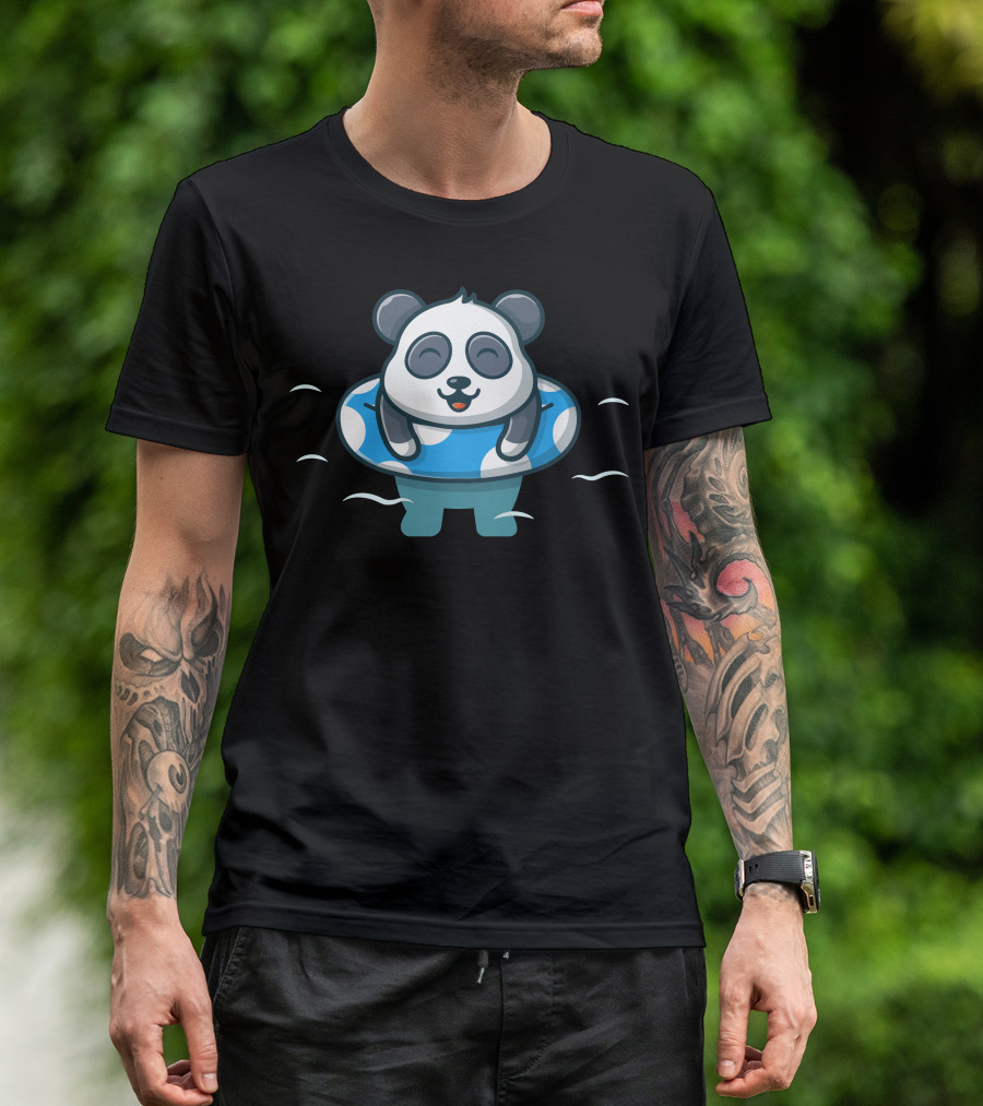 Panda In Blue Polka Dot Swim Ring Floating Calmly T-Shirt