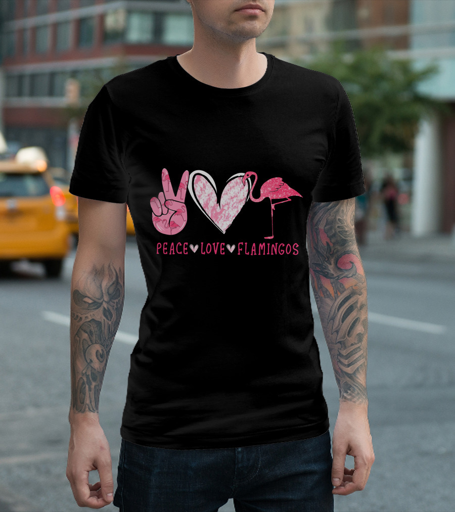 Peace Love Flamingos Heart Flamingo Hand Sign Pink T-Shirt