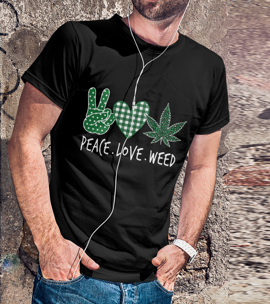 Peace Love Weed Checkered Heart Cannabis Leaf T-Shirt