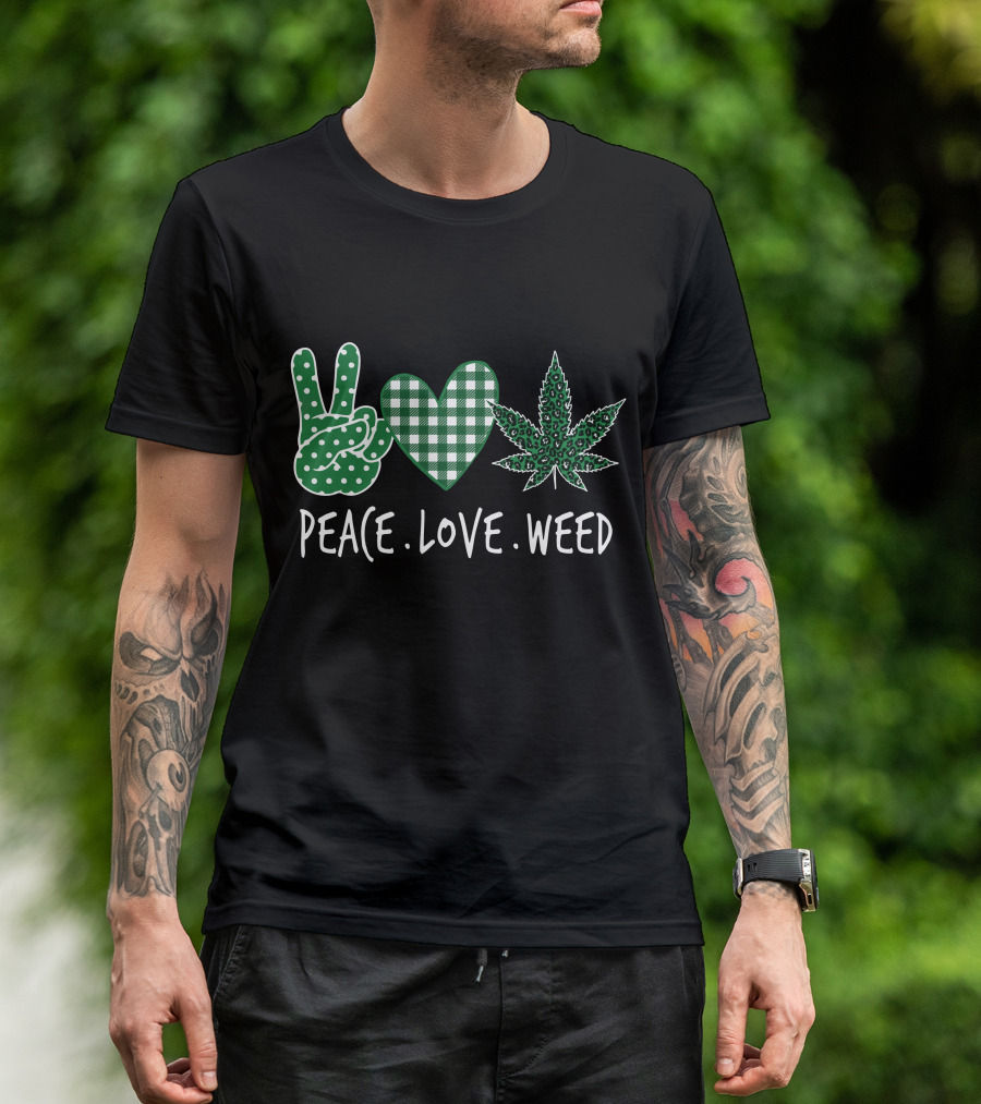 Peace Love Weed Checkered Heart Cannabis Leaf T-Shirt