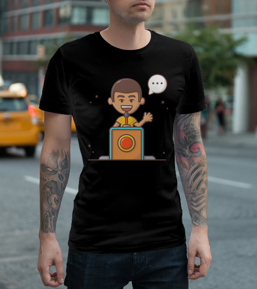 People Talking On Pulpit Cartoon Character At Microphone With Speech Bubble T-Shirt