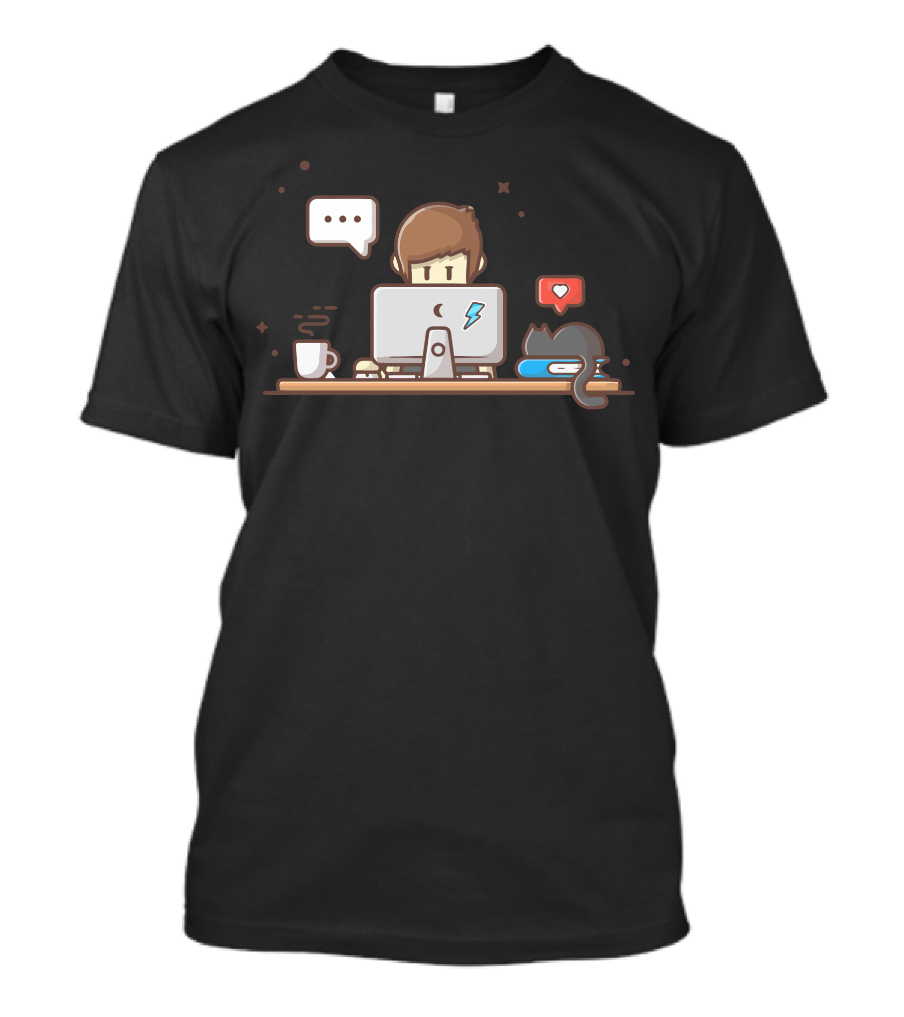 Working At Computer With Cat, Coffee, And Chat Icons T-Shirt