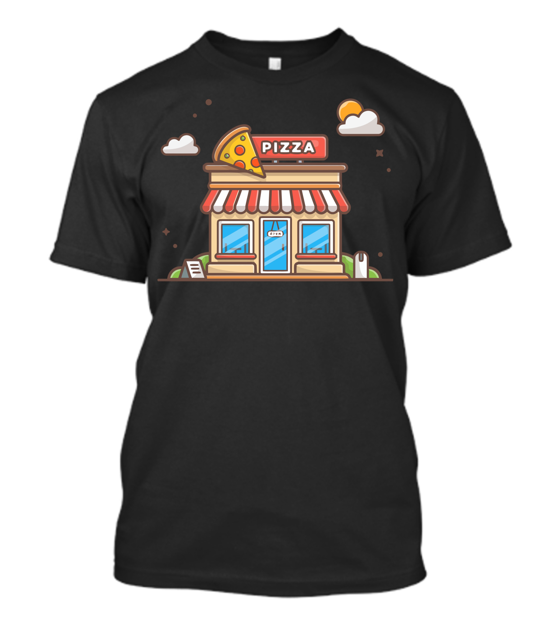 Pizza Shop Building With Slice And Clouds T-Shirt