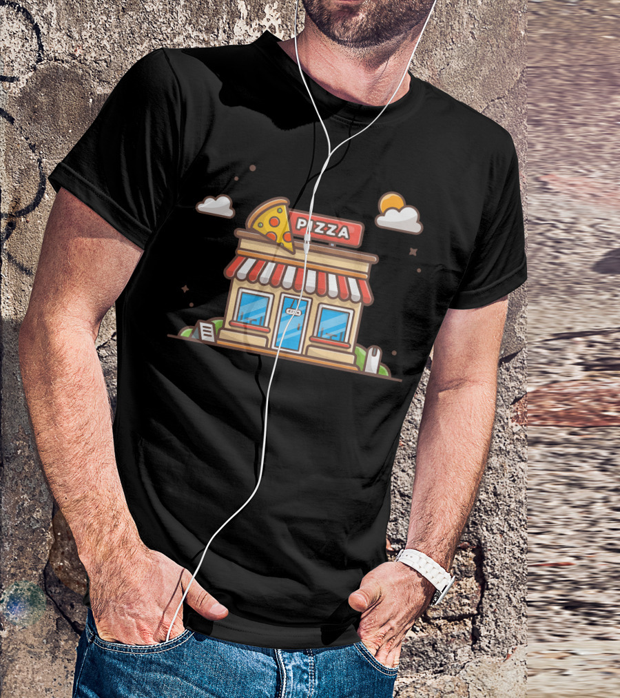 Pizza Shop Building With Slice And Clouds T-Shirt