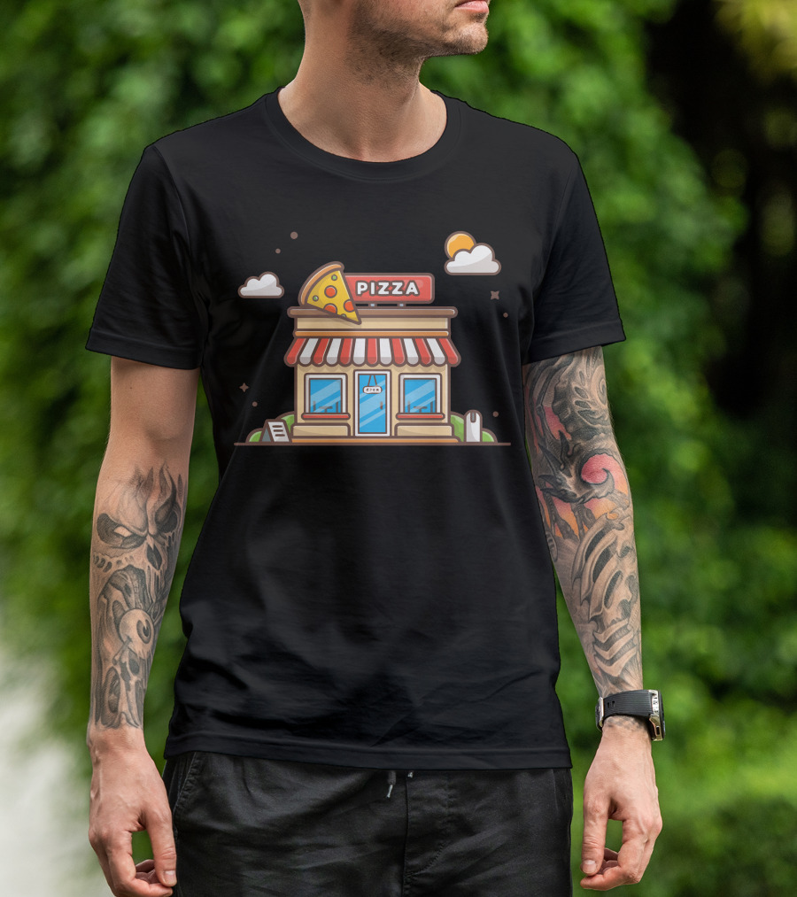 Pizza Shop Building With Slice And Clouds T-Shirt