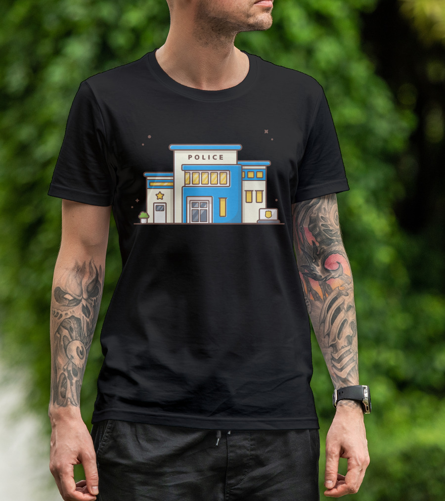 Police Station Building Drawing With Stars And Shield T-Shirt