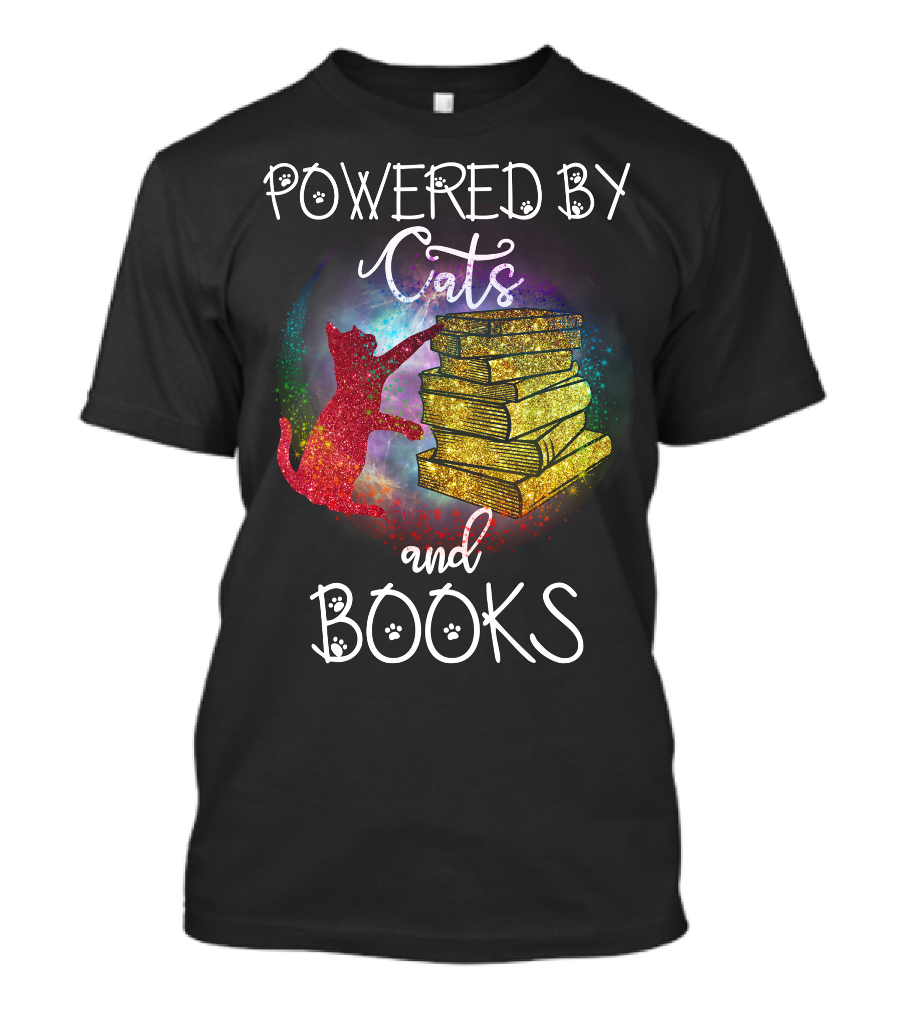 Powered By Cats And Books Stack Colorful Universe T-Shirt