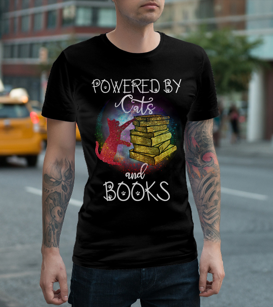Powered By Cats And Books Stack Colorful Universe T-Shirt