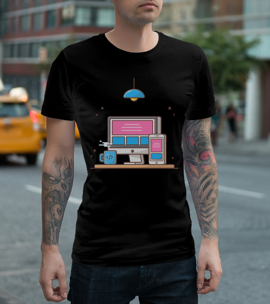Responsive Website Computer and Smartphone Interface with Coding Mug and Modern Lamp T-Shirt