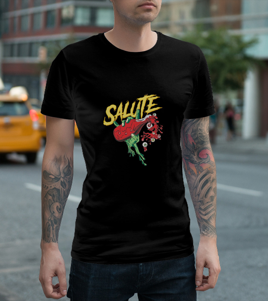 Salute Zombie Hand Holding Bloody Bottle with Eyeballs T-Shirt