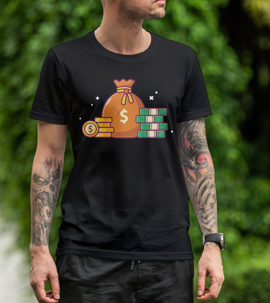 Money Bag And Stacks Of Cash With Coins T-Shirt