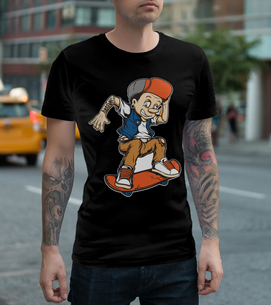 Skateboarder Cartoon Character with Tattoo and Red Cap T-Shirt