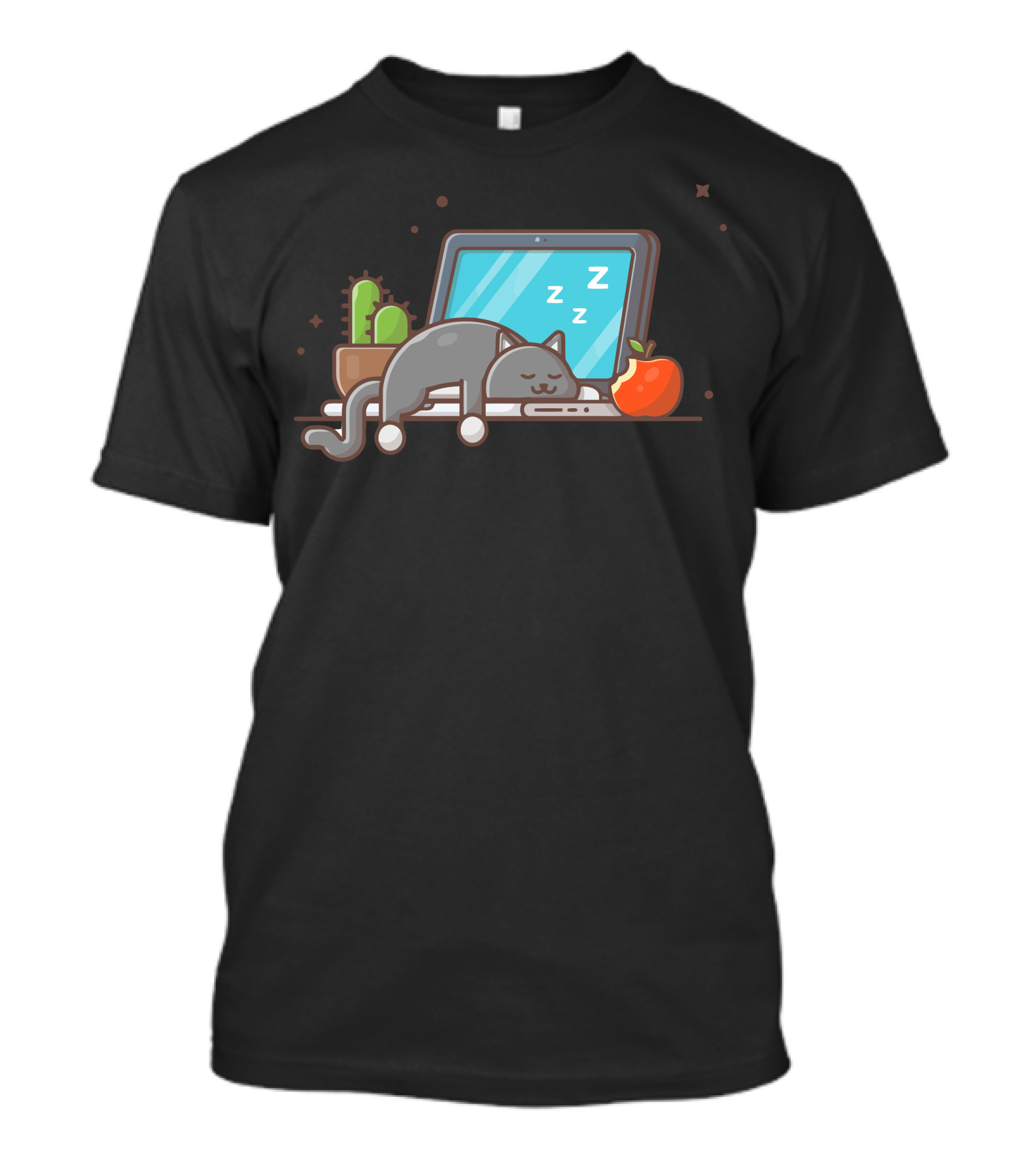 Sleeping Cat With Cactus On Laptop And Apple T-Shirt