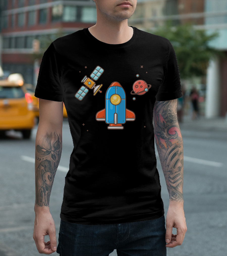 Space Shuttle with Red Planet and Satellite T-Shirt