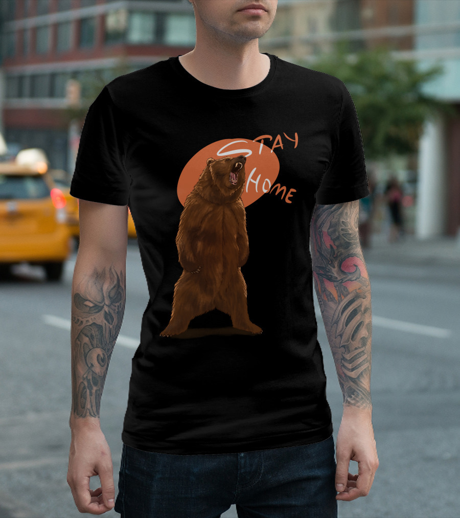 Stay Home Bear Roaring in Front of Orange Shape T-Shirt