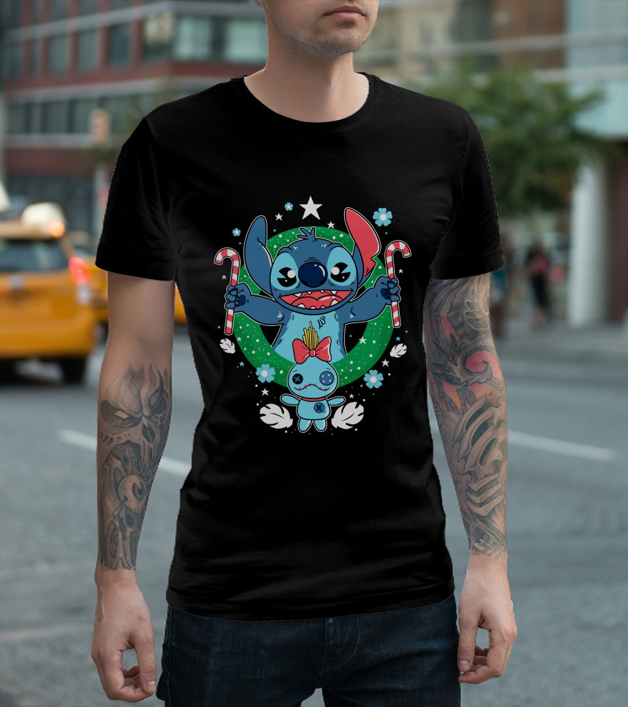 Stitch X Mas Christmas Wreath Candy Canes And Scrump T-Shirt