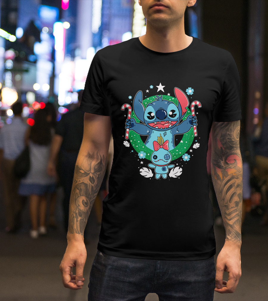 Stitch X Mas Christmas Wreath Candy Canes And Scrump T-Shirt