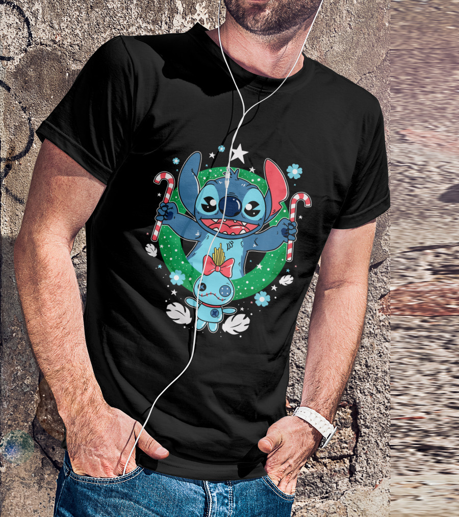 Stitch X Mas Christmas Wreath Candy Canes And Scrump T-Shirt