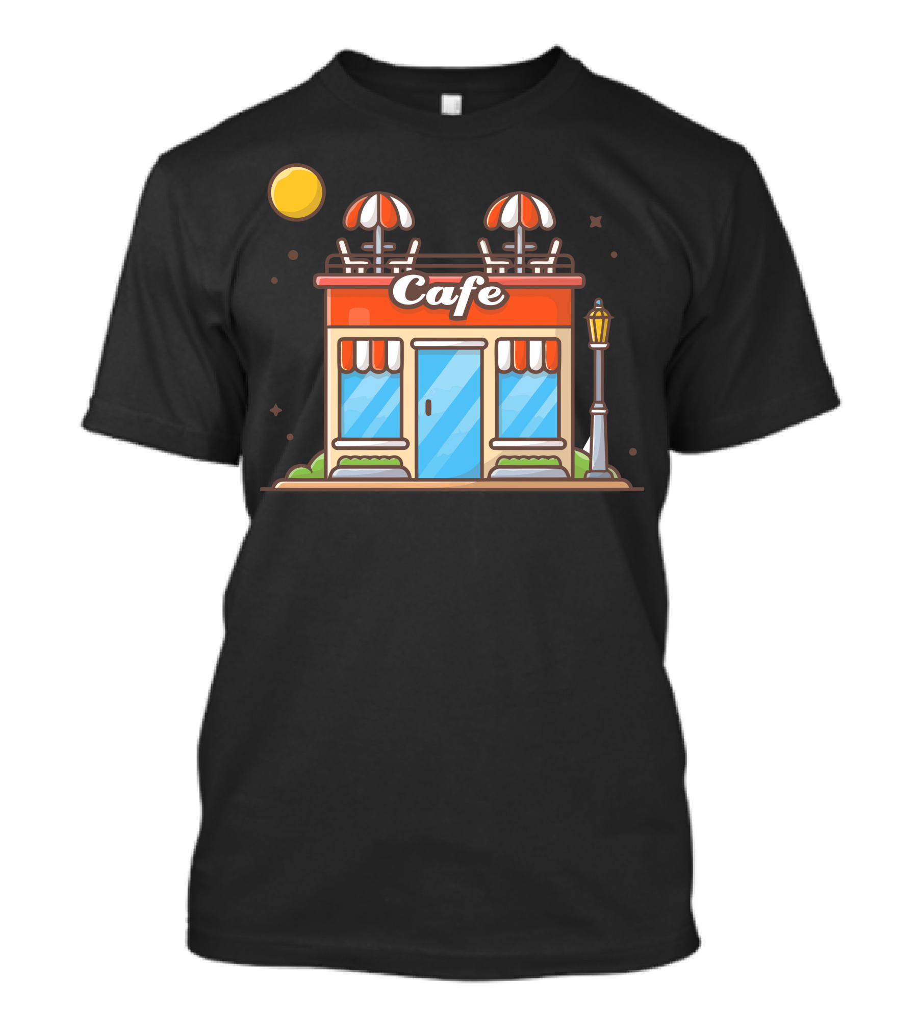 Cafe Street Coffee Shop Building Under Night Sky With Moon And Lamppost T-Shirt
