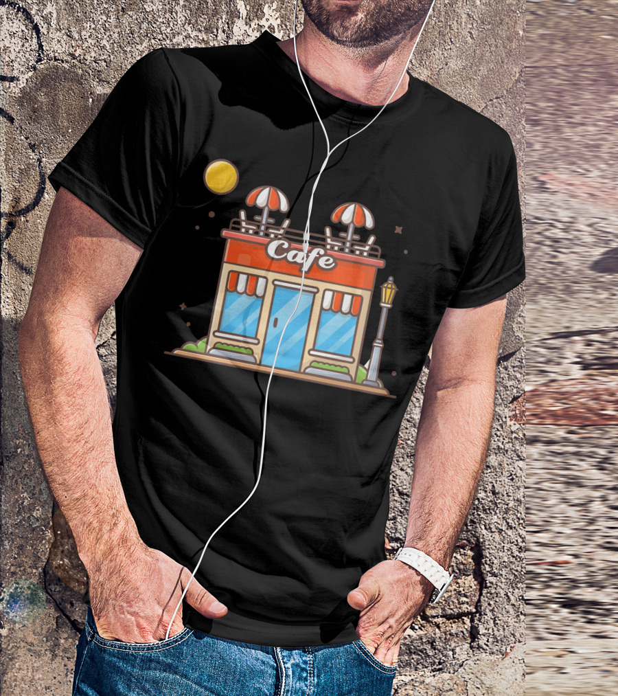 Cafe Street Coffee Shop Building Under Night Sky With Moon And Lamppost T-Shirt