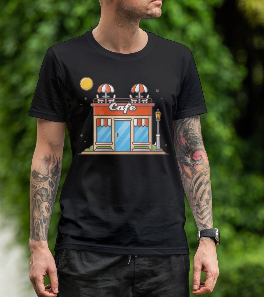 Cafe Street Coffee Shop Building Under Night Sky With Moon And Lamppost T-Shirt