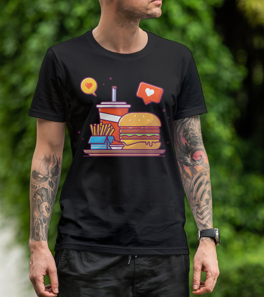 Tasty Combo Menu Hamburger French Fries Soda And Sauce With Love Icons T-Shirt