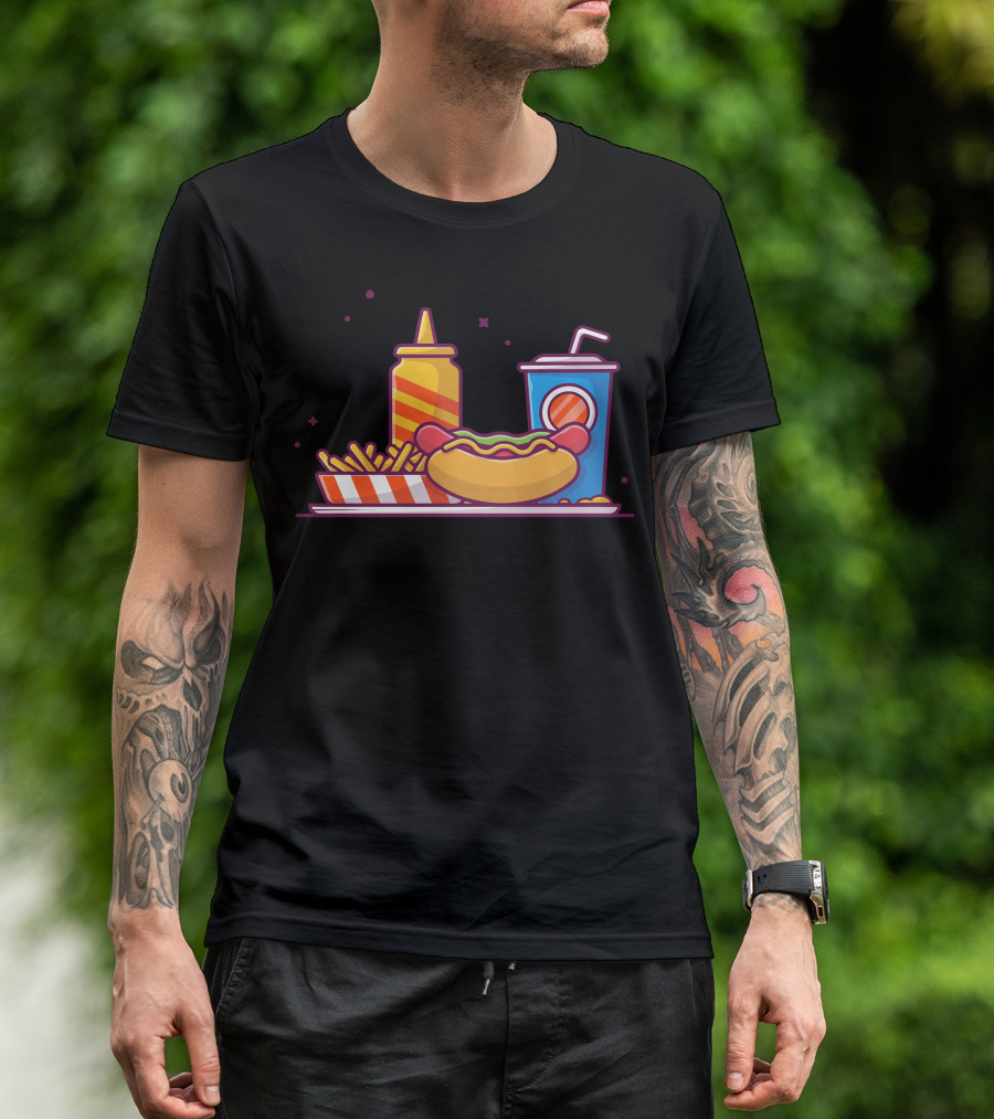Tasty Combo Hotdog With Mustard French Fries And Soda Drink T-Shirt