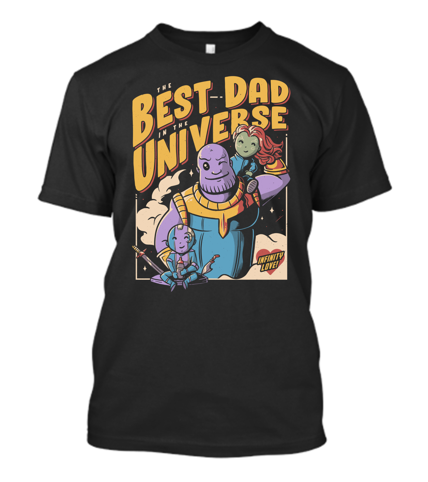 The Best Dad In The Universe Infinity Love Winking Purple Character With Two Daughters T-Shirt