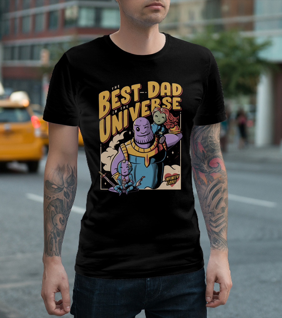 The Best Dad In The Universe Infinity Love Winking Purple Character With Two Daughters T-Shirt
