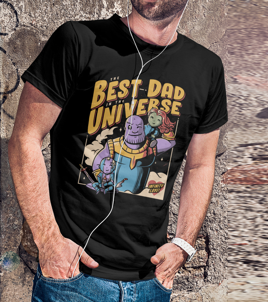 The Best Dad In The Universe Infinity Love Winking Purple Character With Two Daughters T-Shirt