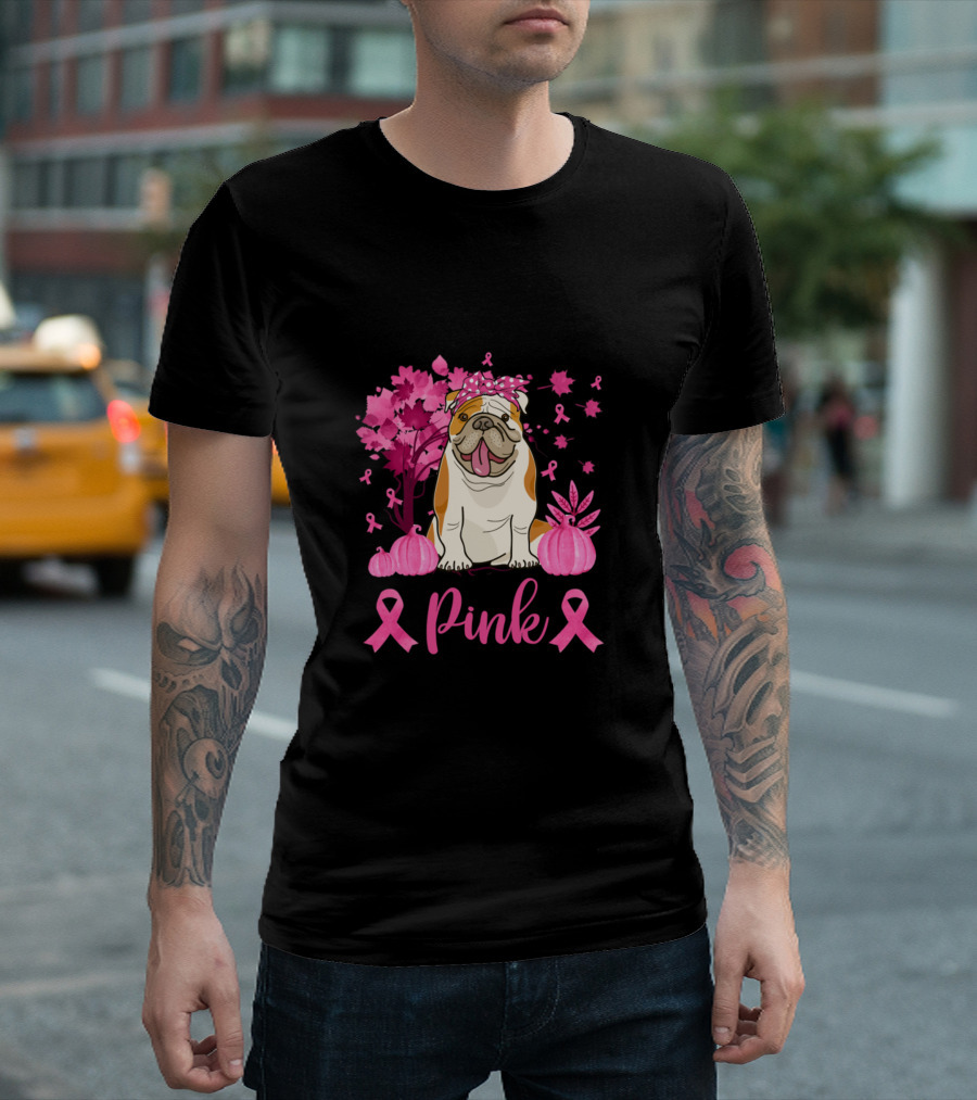 In October We Wear Pink Bulldog With Pink Ribbons And Pumpkins For Breast Cancer Awareness T-Shirt