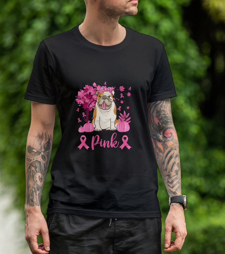 In October We Wear Pink Bulldog With Pink Ribbons And Pumpkins For Breast Cancer Awareness T-Shirt