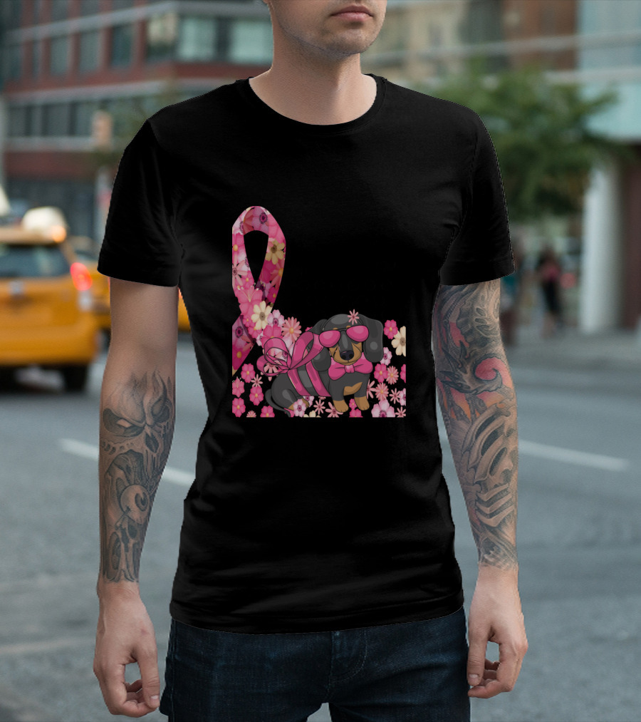 In October We Wear Pink With Floral Ribbon and Cute Puppy T-Shirt