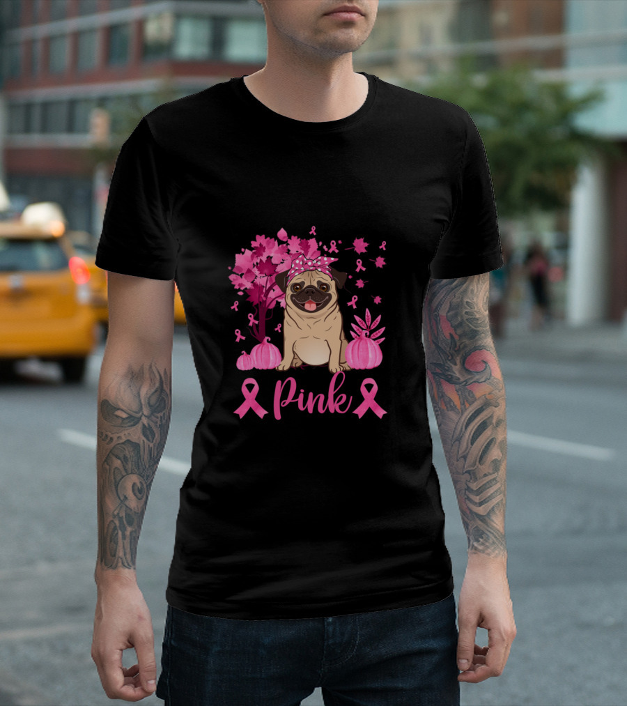 In October We Wear Pink Pug with Pink Ribbons and Pumpkins for Breast Cancer Awareness T-Shirt