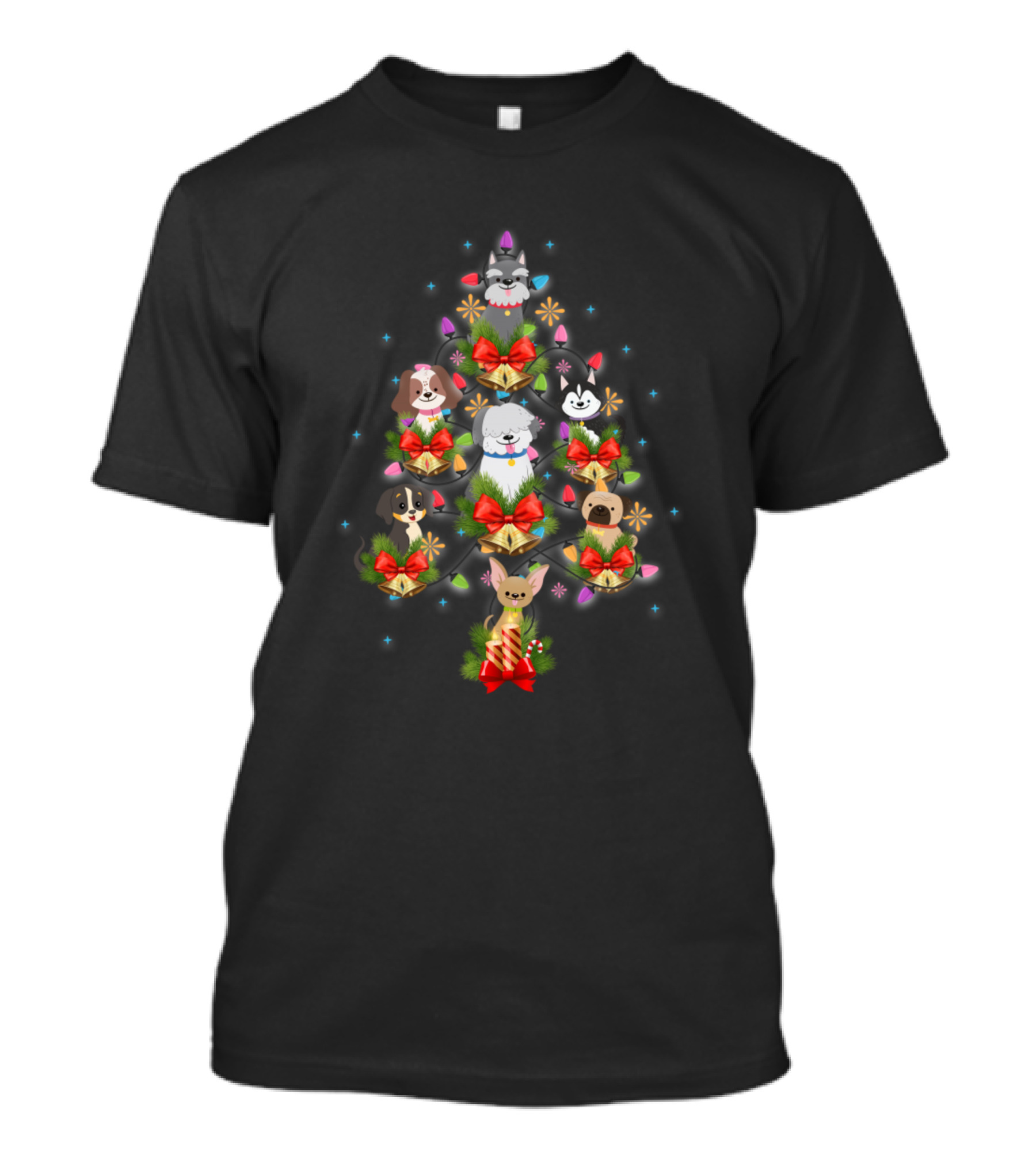 Christmas Dog Tree With Festive Bow Adorned Puppies And Holiday Lights T-Shirt
