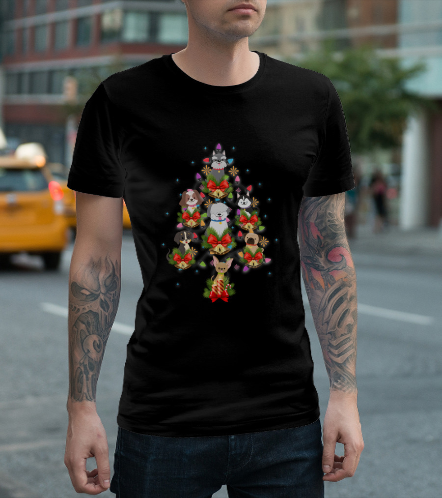 Christmas Dog Tree With Festive Bow Adorned Puppies And Holiday Lights T-Shirt