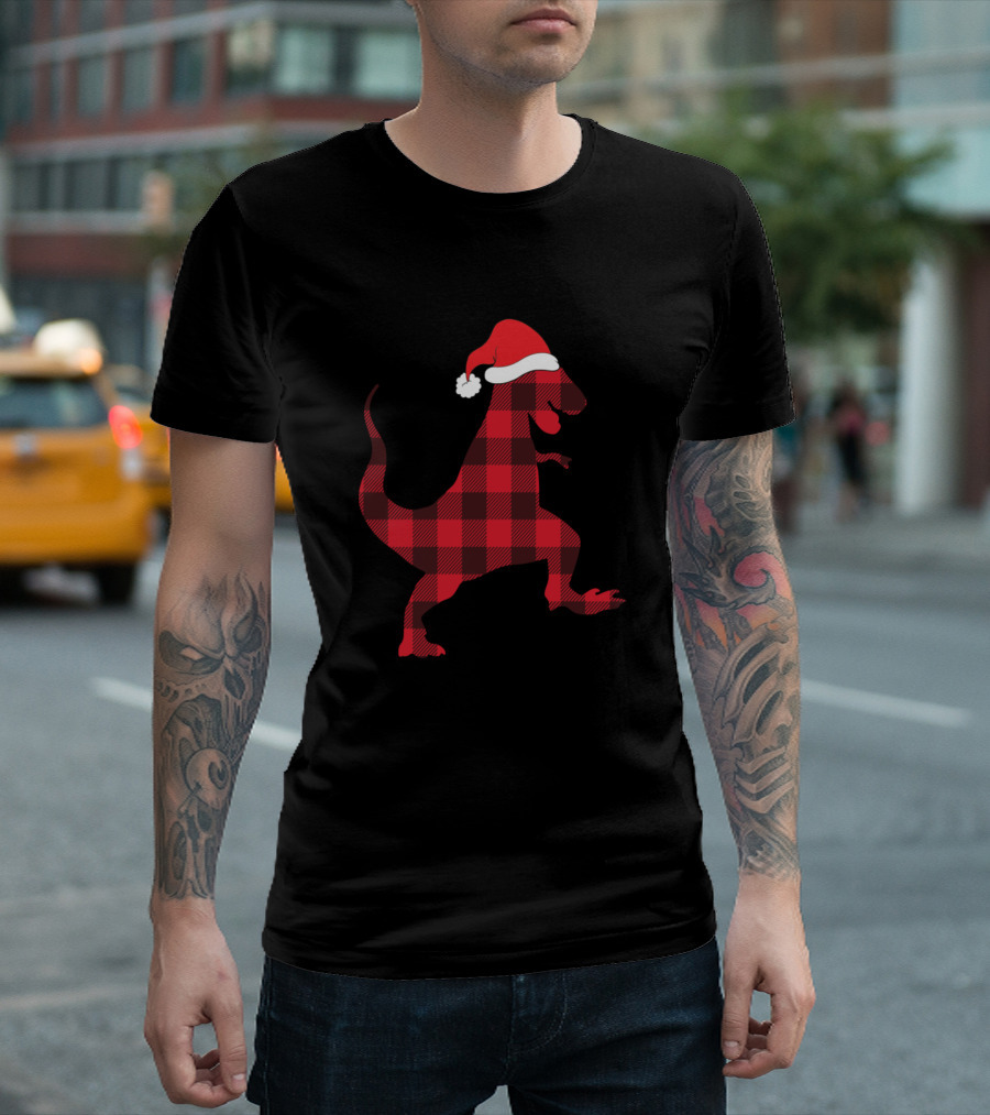 Funny Dino Plaid Santa Hat T-Shirt
