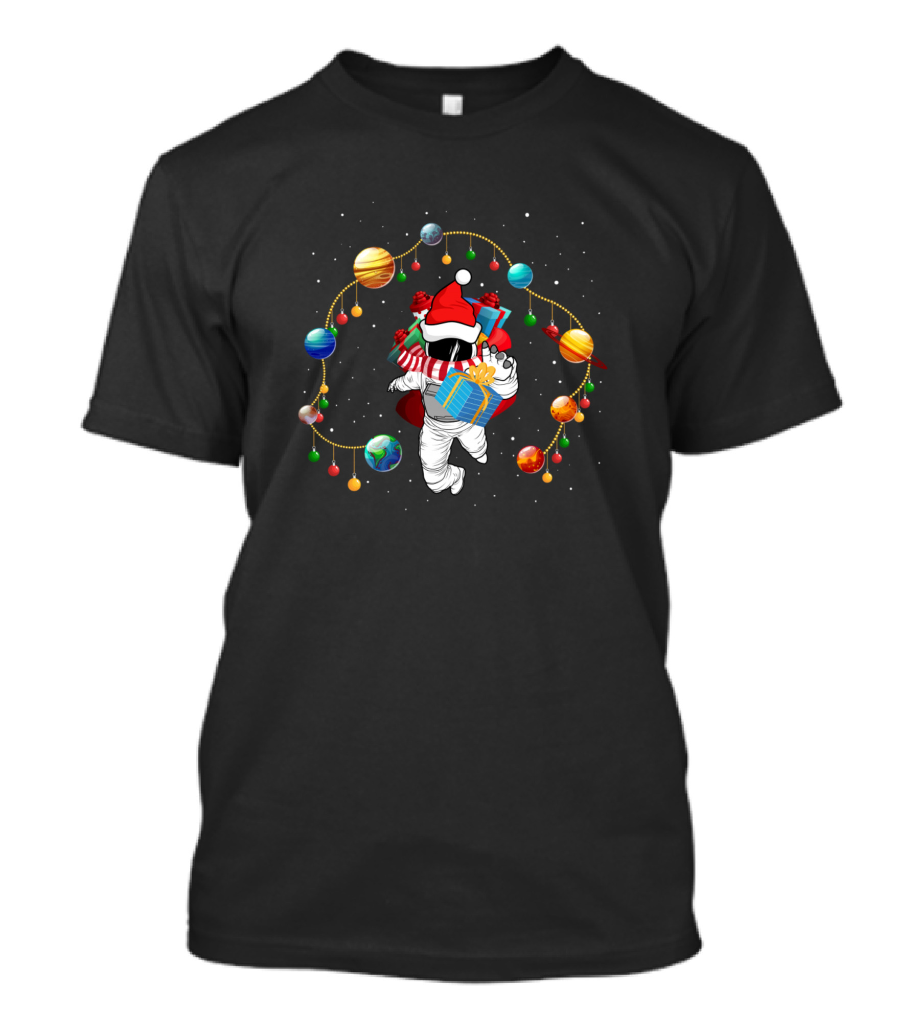 Christmas Astronaut With Santa Hat Holding Gifts Surrounded By Planets And Ornaments T-Shirt