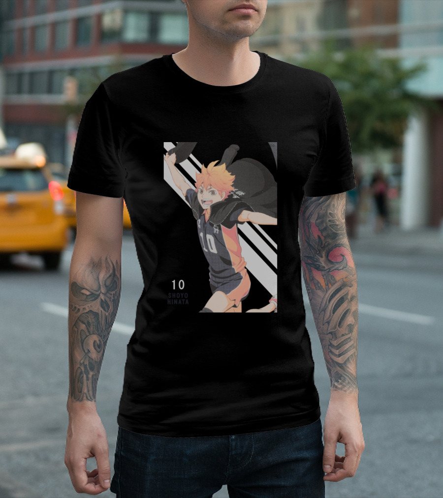 Hinata Shoyo Volleyball Uniform Number 10 Black And Orange Jumping Pose T-Shirt