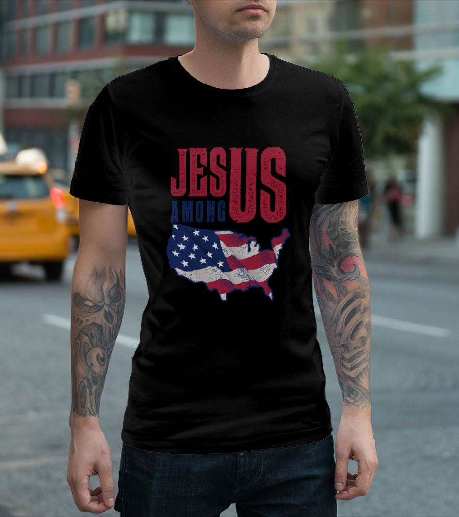 Jesus Among Us American Flag Map USA T-Shirt