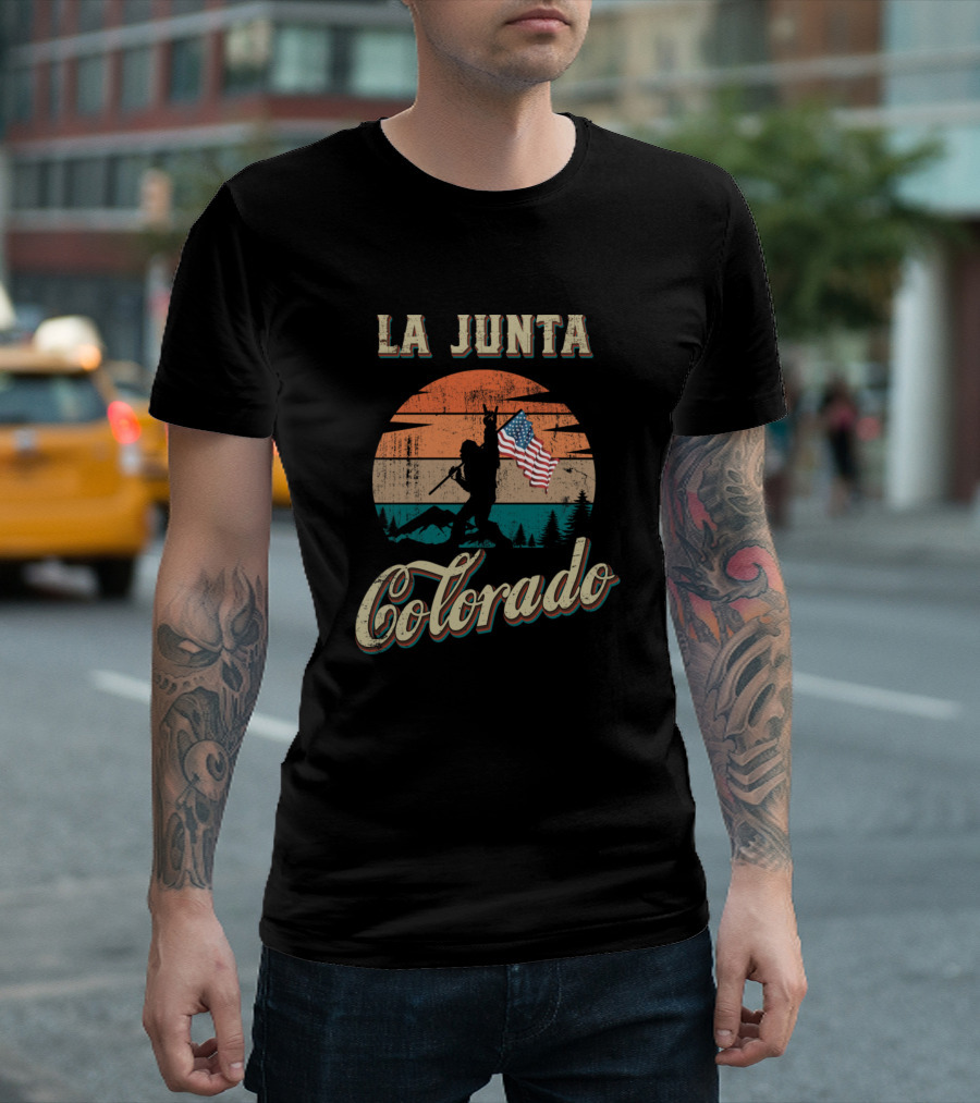 La Junta Colorado Silhouette with American Flag and Sunset Scene T-Shirt