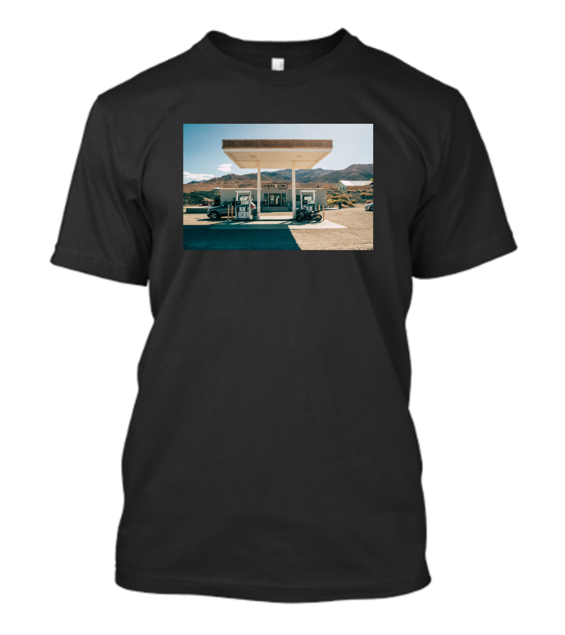 Last Stop For Gas Desert Motorcycles Retro Vintage Desert Landscape Gas Station T-Shirt