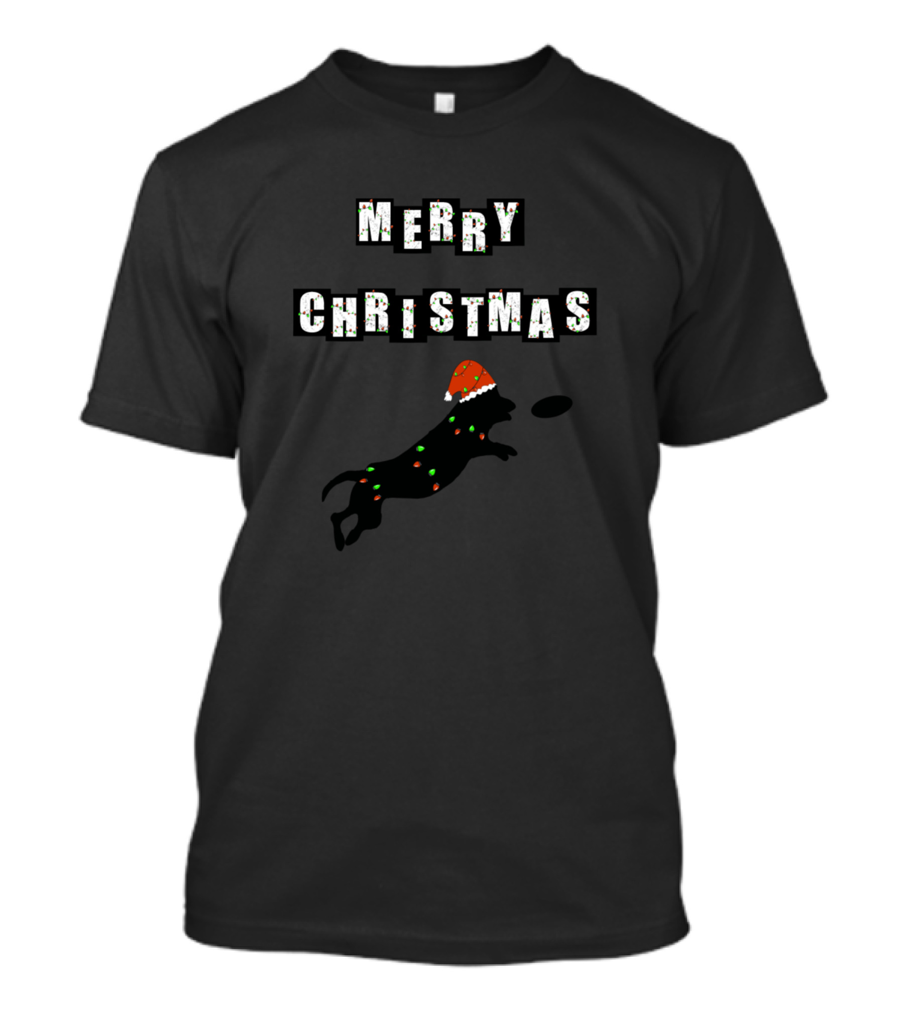 Merry Christmas Jumping Dog Santa Hat Festive Frisbee Fun T-Shirt
