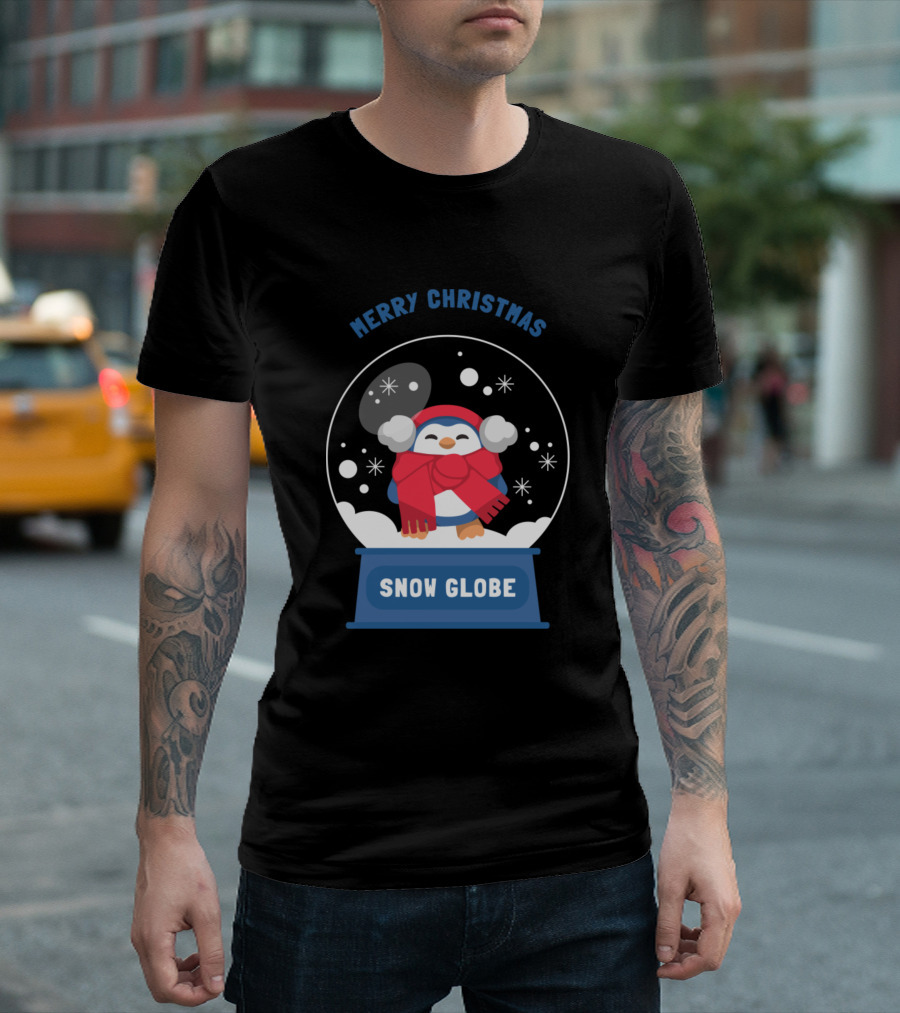 Merry Christmas Snow Globe Penguin In Scarf And Hat T-Shirt