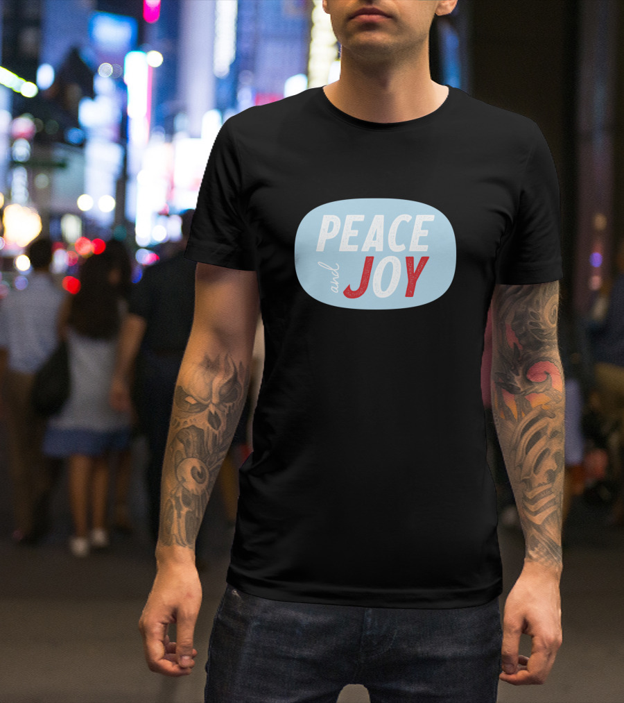 PEACE AND JOY Blue Oval Red Highlight T-Shirt