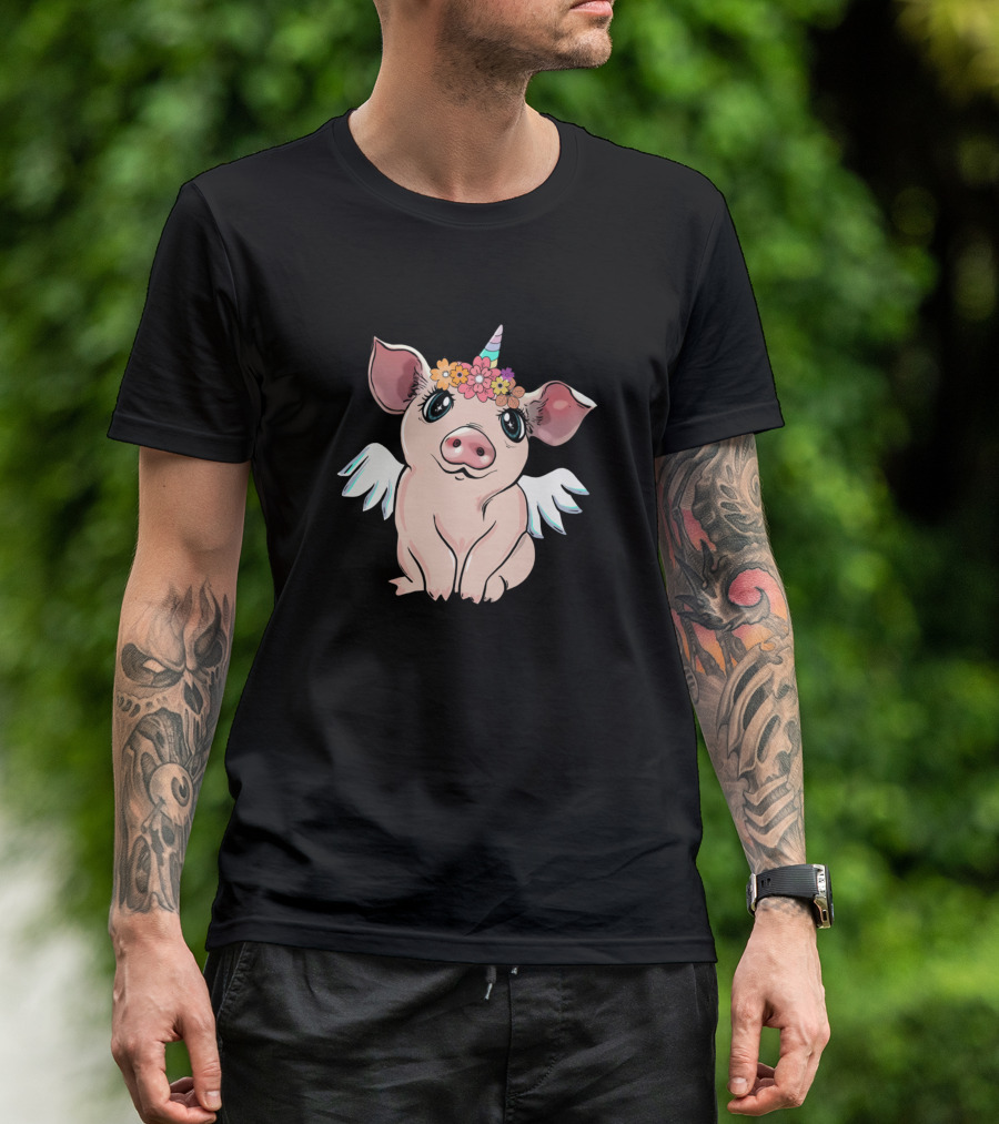 Pig With Wings Wearing Flower Crown And Unicorn Horn T-Shirt